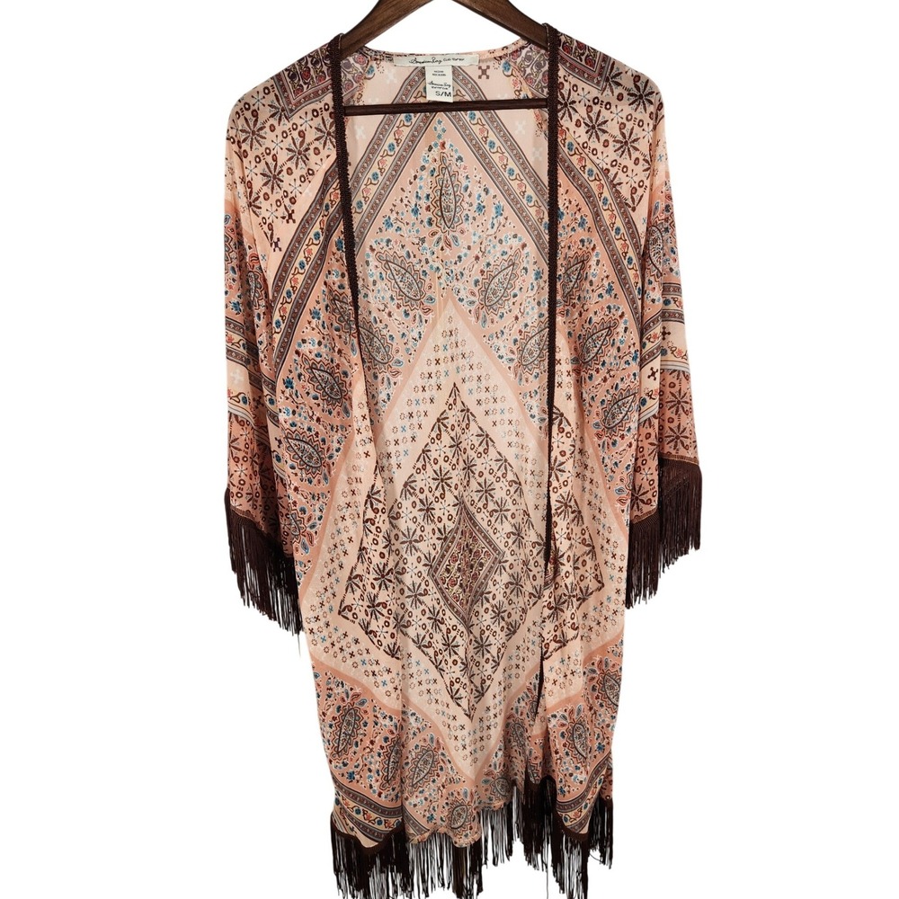 American Rag Cie Sheer Paisley Boho Fringed Open Front Cardigan Size Small